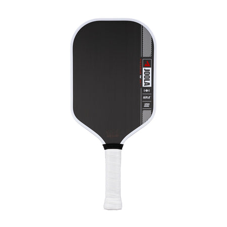 White background image, product image of the JOOLA Ben Johns Perseus Pro IV Pickleball paddle. White handle, black surface, white edge guard. 14mm.