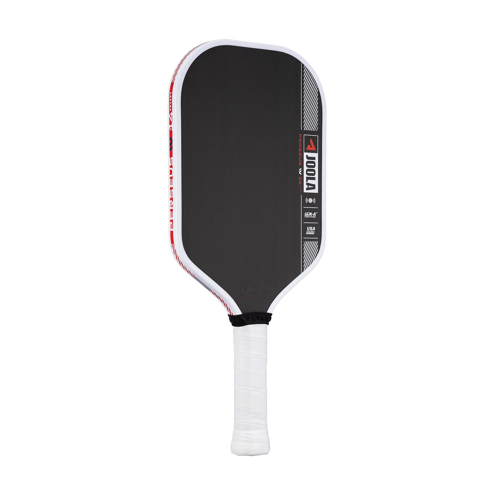 White background image, product image of the JOOLA Ben Johns Perseus Pro IV Pickleball paddle. White handle, black surface, white edge guard. 14mm.