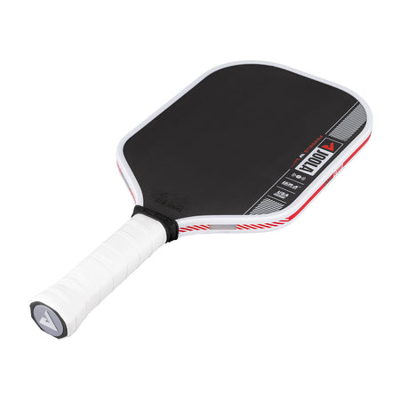 White background image, product image of the JOOLA Ben Johns Perseus Pro IV Pickleball paddle. White handle, black surface, white edge guard. 14mm.