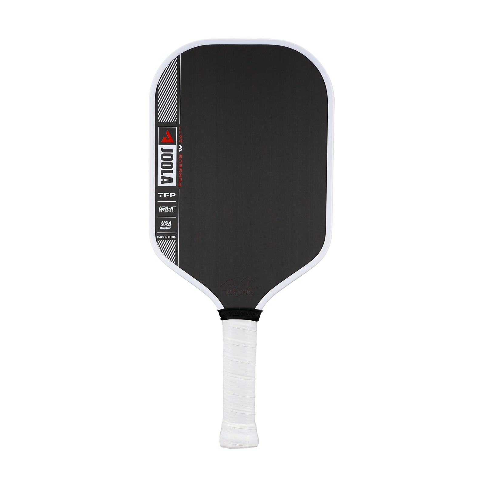 White background image, product image of the JOOLA Ben Johns Perseus Pro IV Pickleball paddle. White handle, black surface, white edge guard. 14mm.