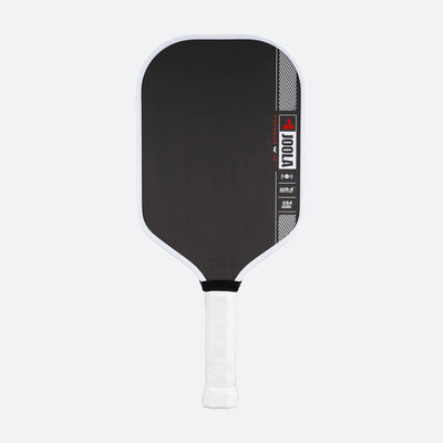 White background image, product image of the JOOLA Ben Johns Perseus Pro IV Pickleball paddle. White handle, black surface, white edge guard. 16mm.