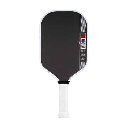 White background image, product image of the JOOLA Ben Johns Perseus Pro IV Pickleball paddle. White handle, black surface, white edge guard. 16mm.