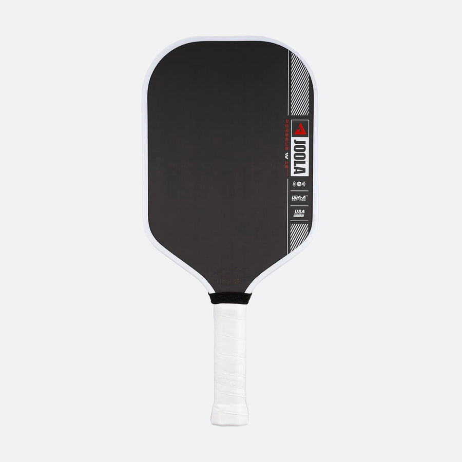 White background image, product image of the JOOLA Ben Johns Perseus Pro IV Pickleball paddle. White handle, black surface, white edge guard. 16mm.