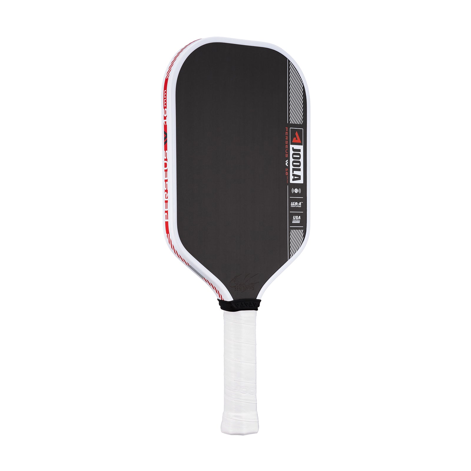 White background image, product image of the JOOLA Ben Johns Perseus Pro IV Pickleball paddle. White handle, black surface, white edge guard. 16mm.