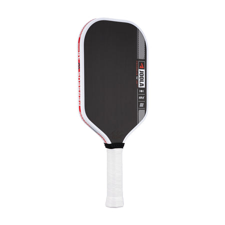 White background image, product image of the JOOLA Ben Johns Perseus Pro IV Pickleball paddle. White handle, black surface, white edge guard. 16mm.