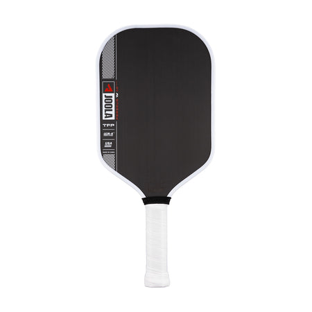 White background image, product image of the JOOLA Ben Johns Perseus Pro IV Pickleball paddle. White handle, black surface, white edge guard. 16mm.