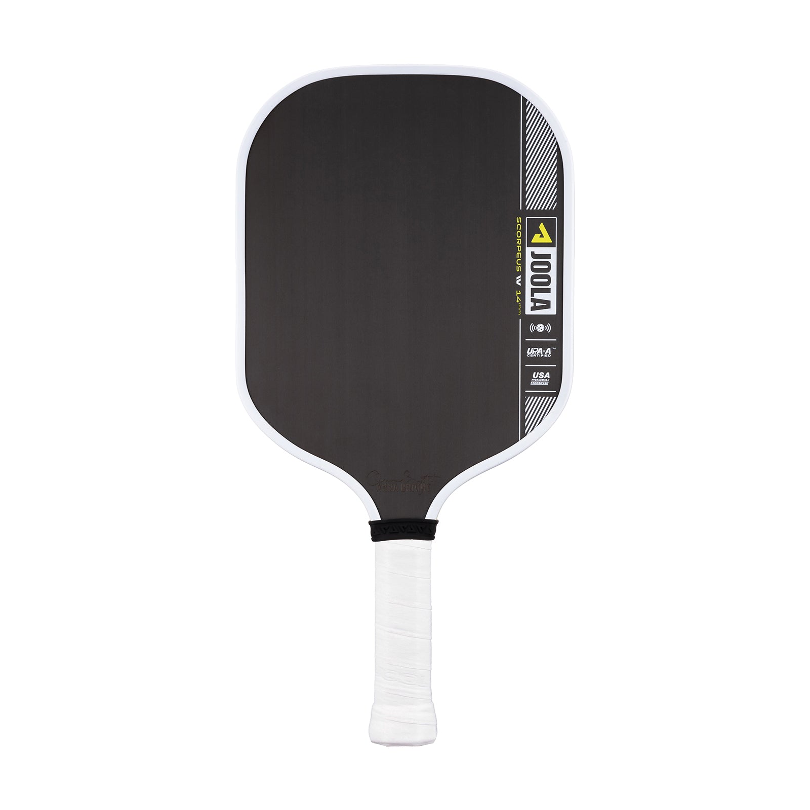 White background, product image of the JOOLA Anna Bright Scorpeus Pro IV Pickleball Paddle, 14mm.