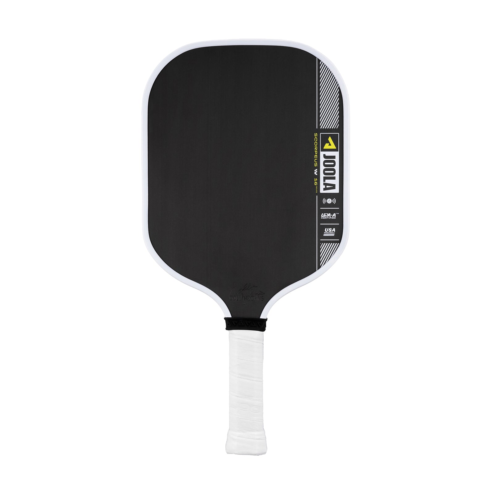 White background, product image of the JOOLA Collin Johns Scorpeus Pro IV Pickleball Paddle, 16mm.