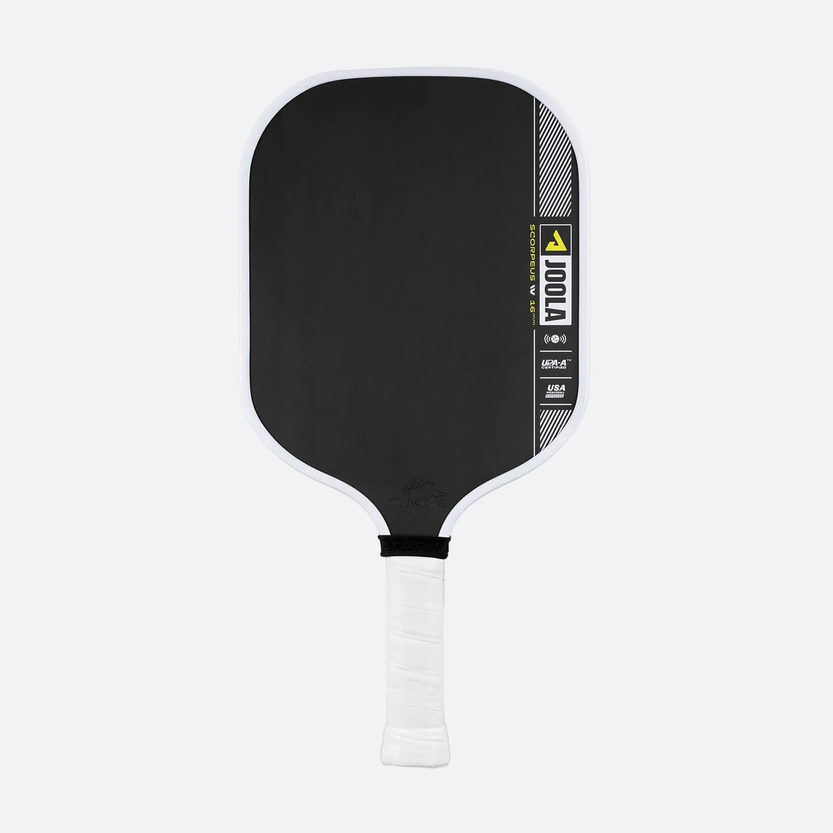 JOOLA Scorpeus Pro IV pickleball paddle shown face-on with a textured raw carbon surface and white handle