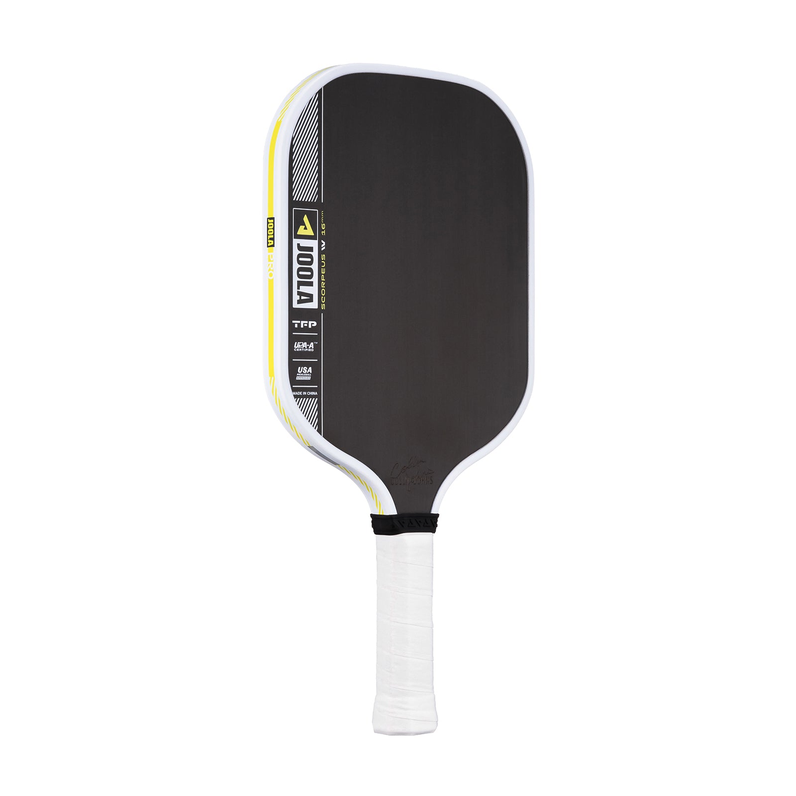 Slightly angled view of the JOOLA Collin Johns Scorpeus Pro IV Pickleball Paddle, 16mm.