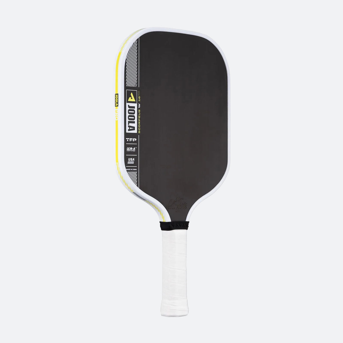 Slightly angled view of the JOOLA Collin Johns Scorpeus Pro IV Pickleball Paddle, 16mm.