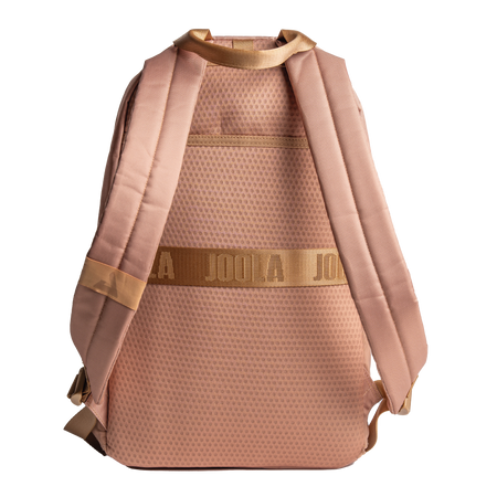 Pink JOOLA Everyday backpack with gold accents on a white background.