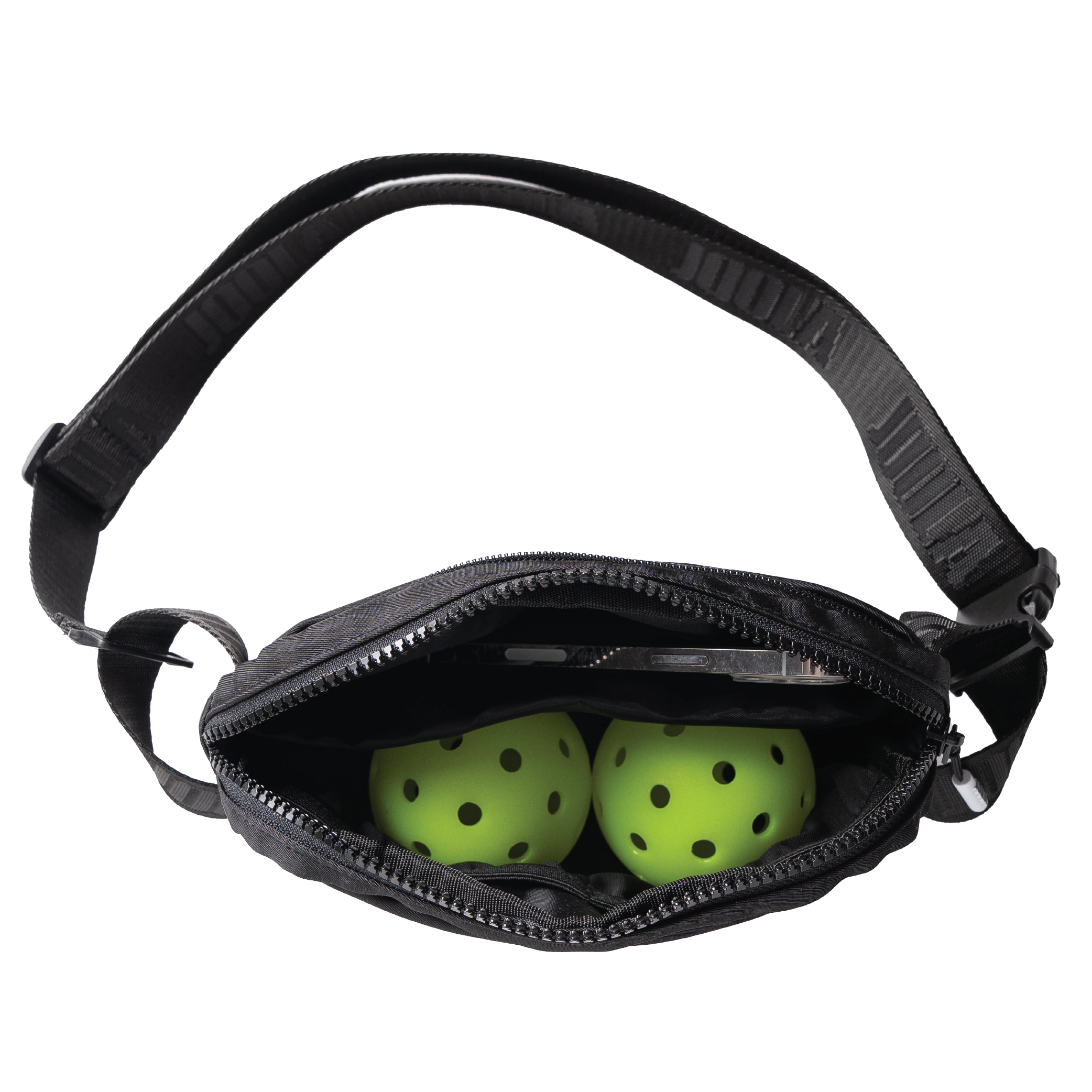 Aerial view of two-pickleballs inside a JOOLA belt bag.