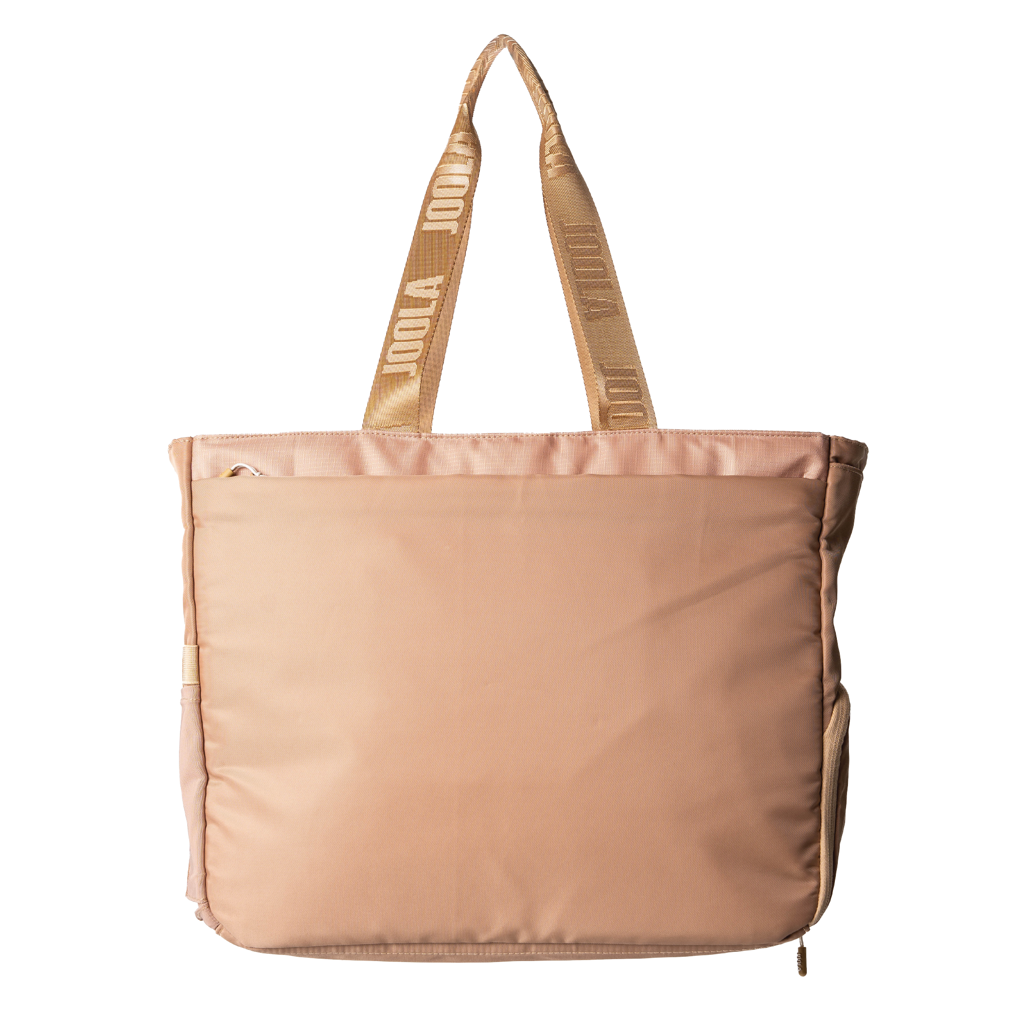 Beige JOOLA Tote Bag with brown handles on a white background.