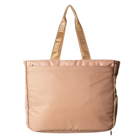 Beige JOOLA Tote Bag with brown handles on a white background.