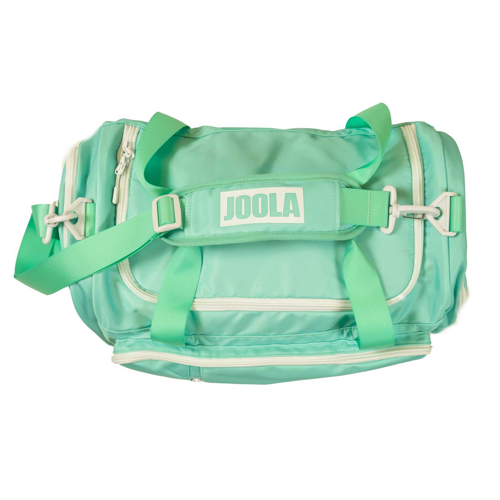 White background, aerial view of the JOOLA duffle bag with JOOLA logo on the handle.