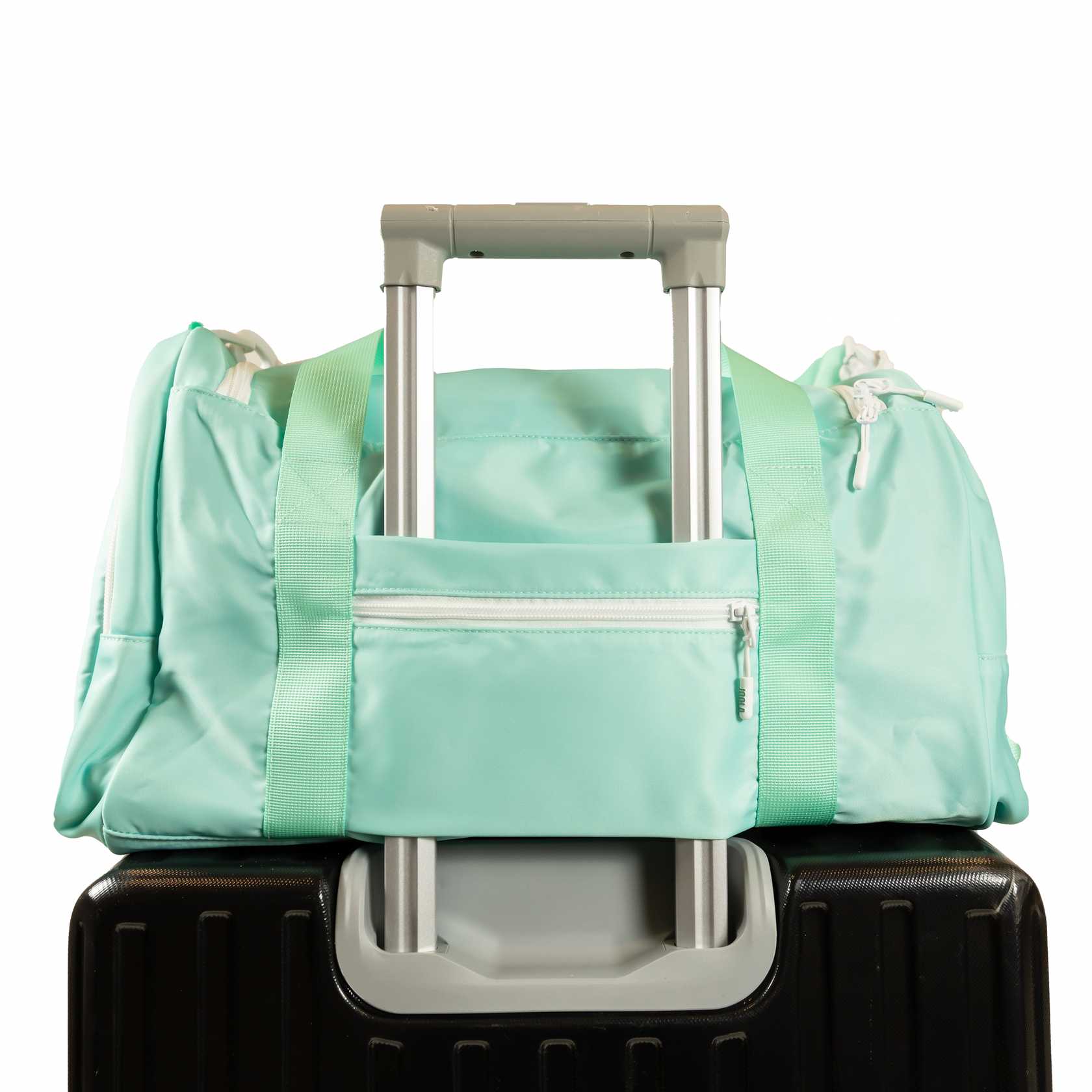 White background image of a JOOLA Duffle Bag attached to the top of a JOOLA rolling backpack.