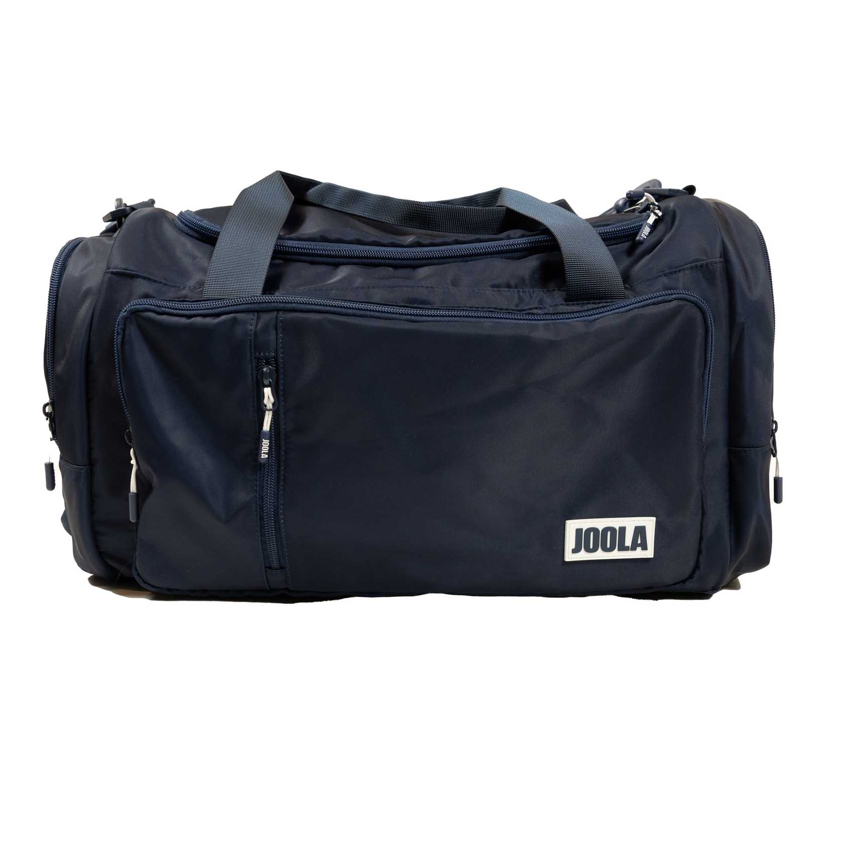 Navy blue duffel bag with JOOLA logo on a white background