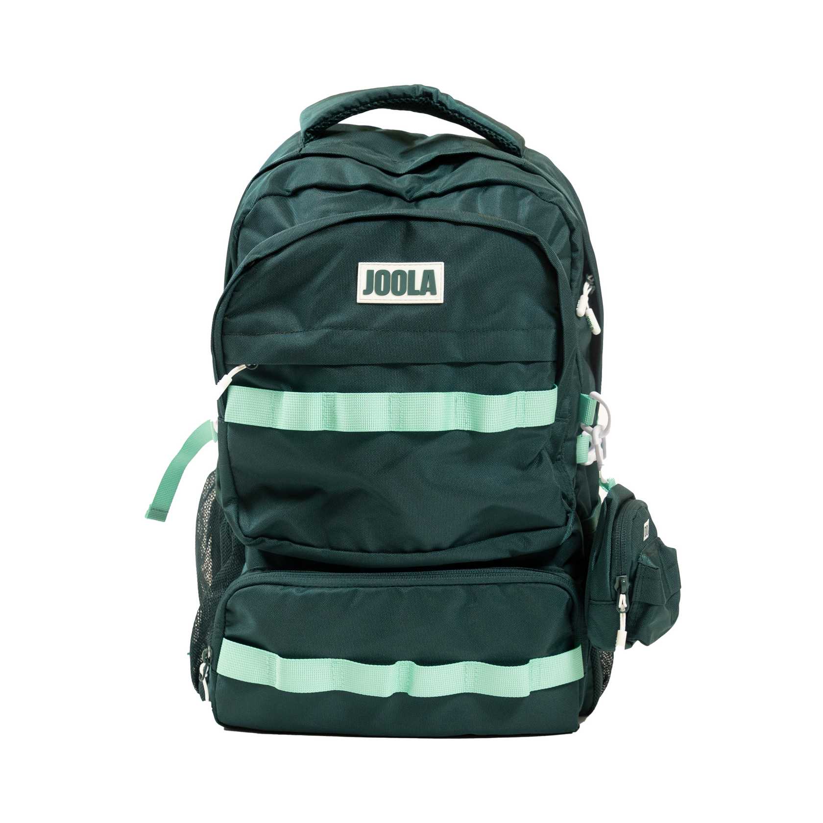 Green JOOLA Utility backpack with reflective stripes and 'JOOLA' logo on a white background