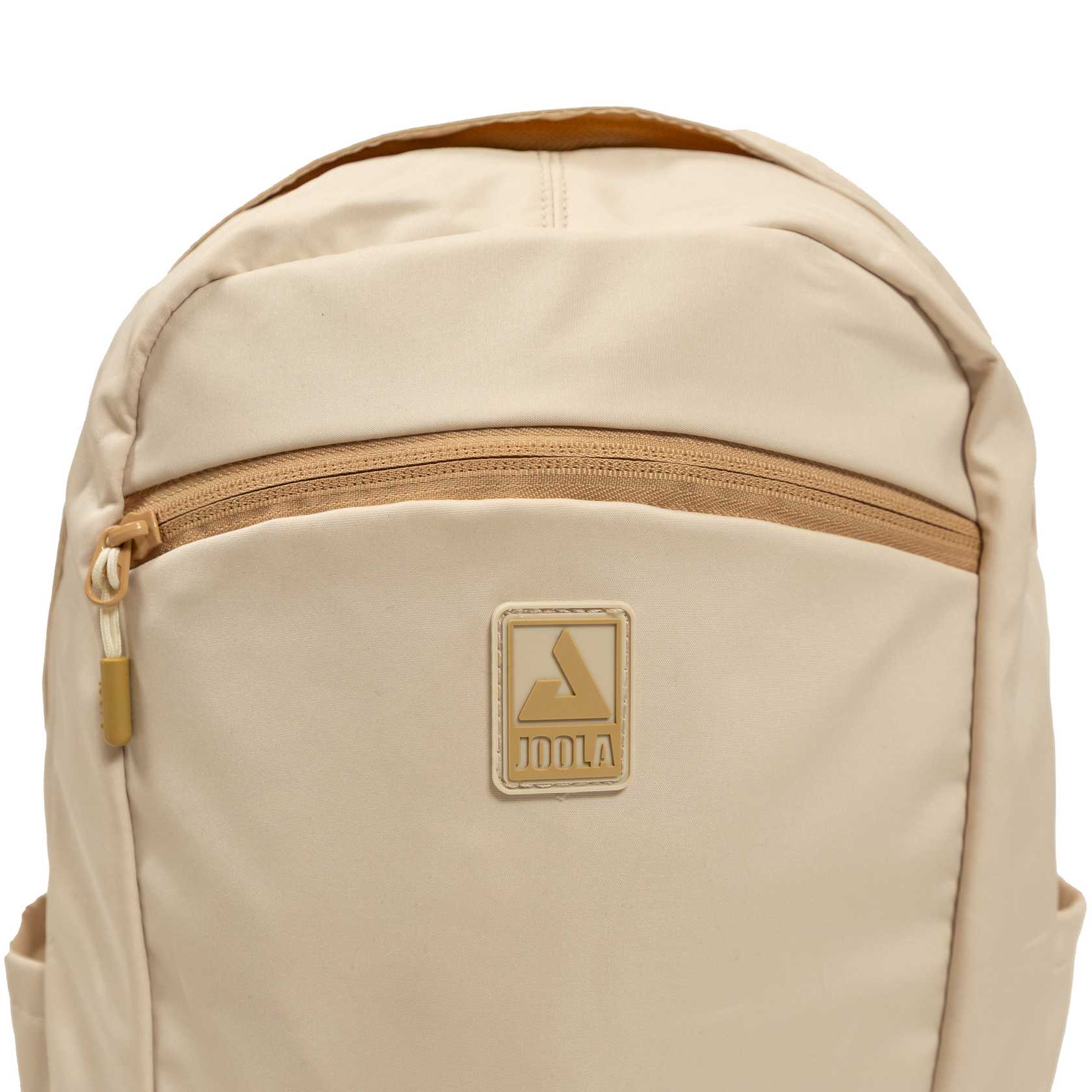 Beige backpack with a visible JOOLA brand logo on a white background