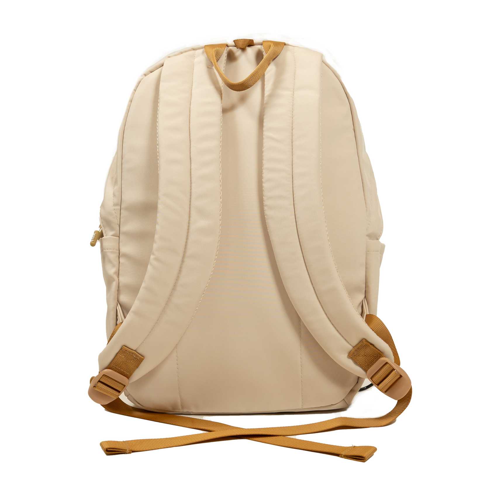 Beige backpack with brown straps on a white background