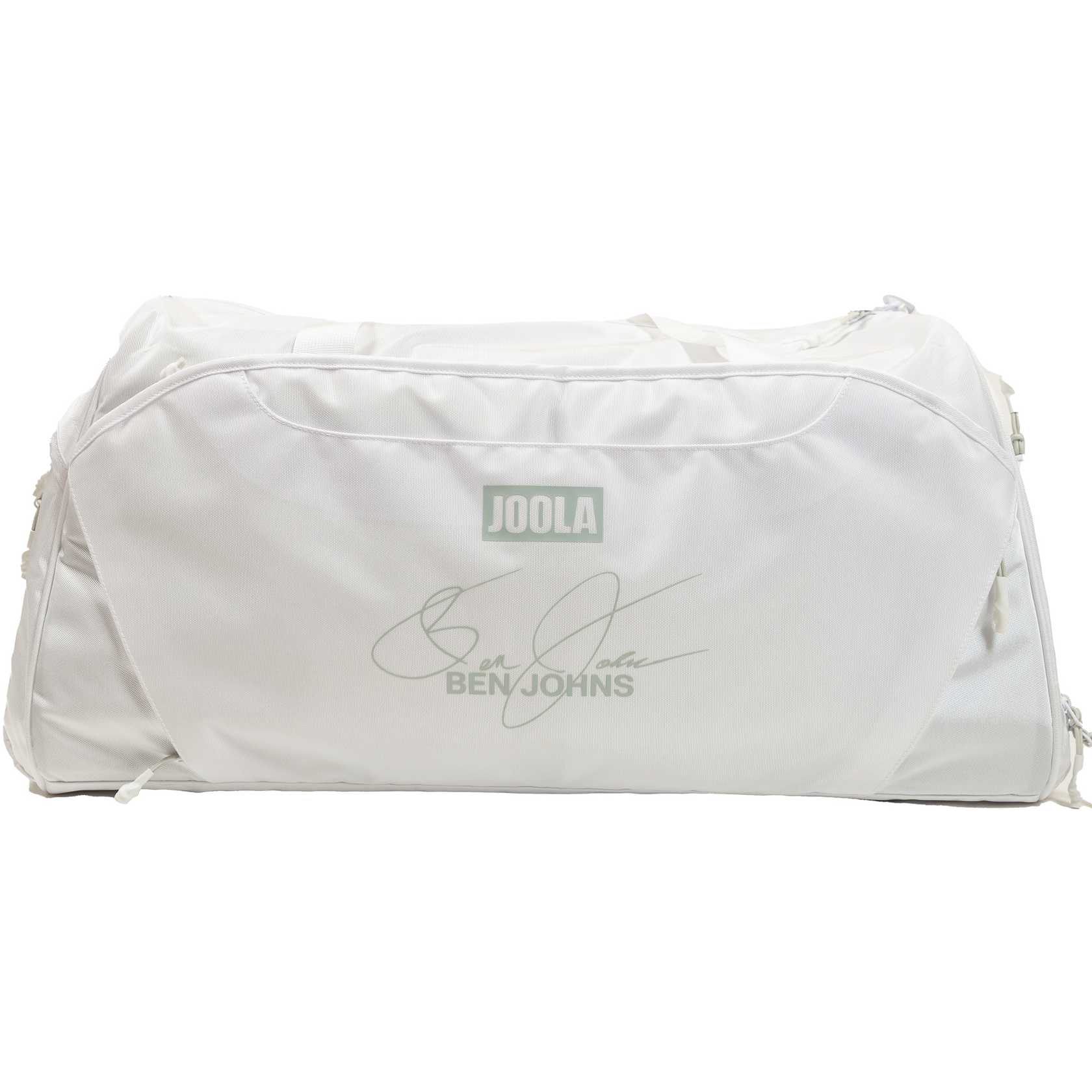 White background, image of the JOOLA Ben's Bag duffle. Ben John's signature.