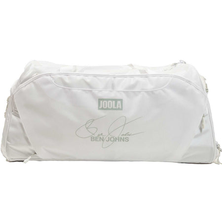 White background, image of the JOOLA Ben's Bag duffle. Ben John's signature.
