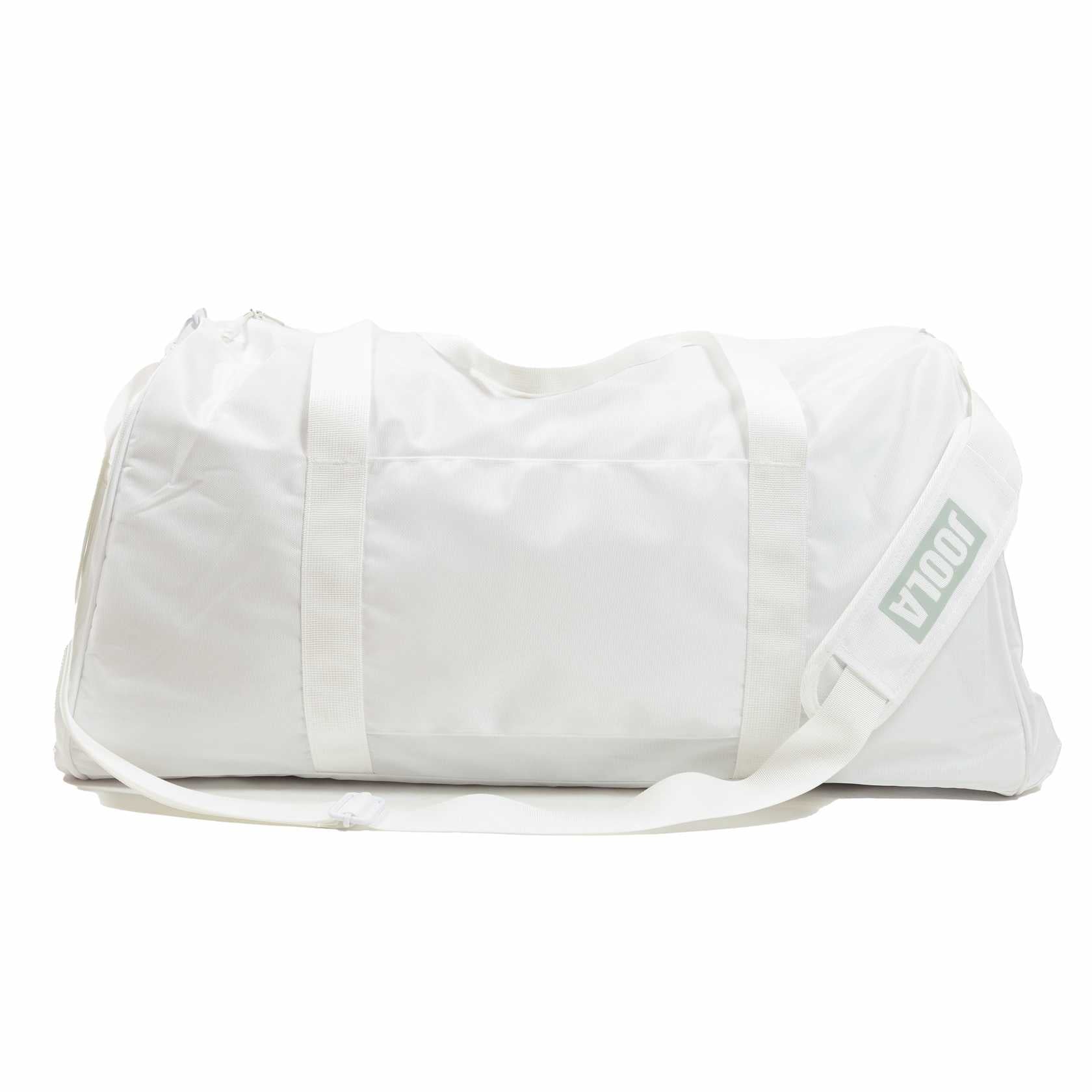White background, product image of a white JOOLA Duffel bad.