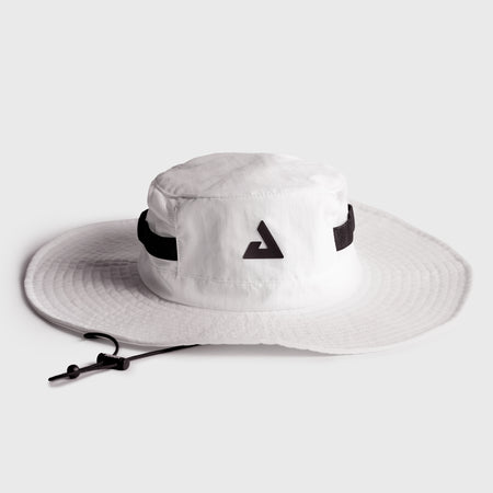 White wide-brimmed hat with a black logo on a light gray background