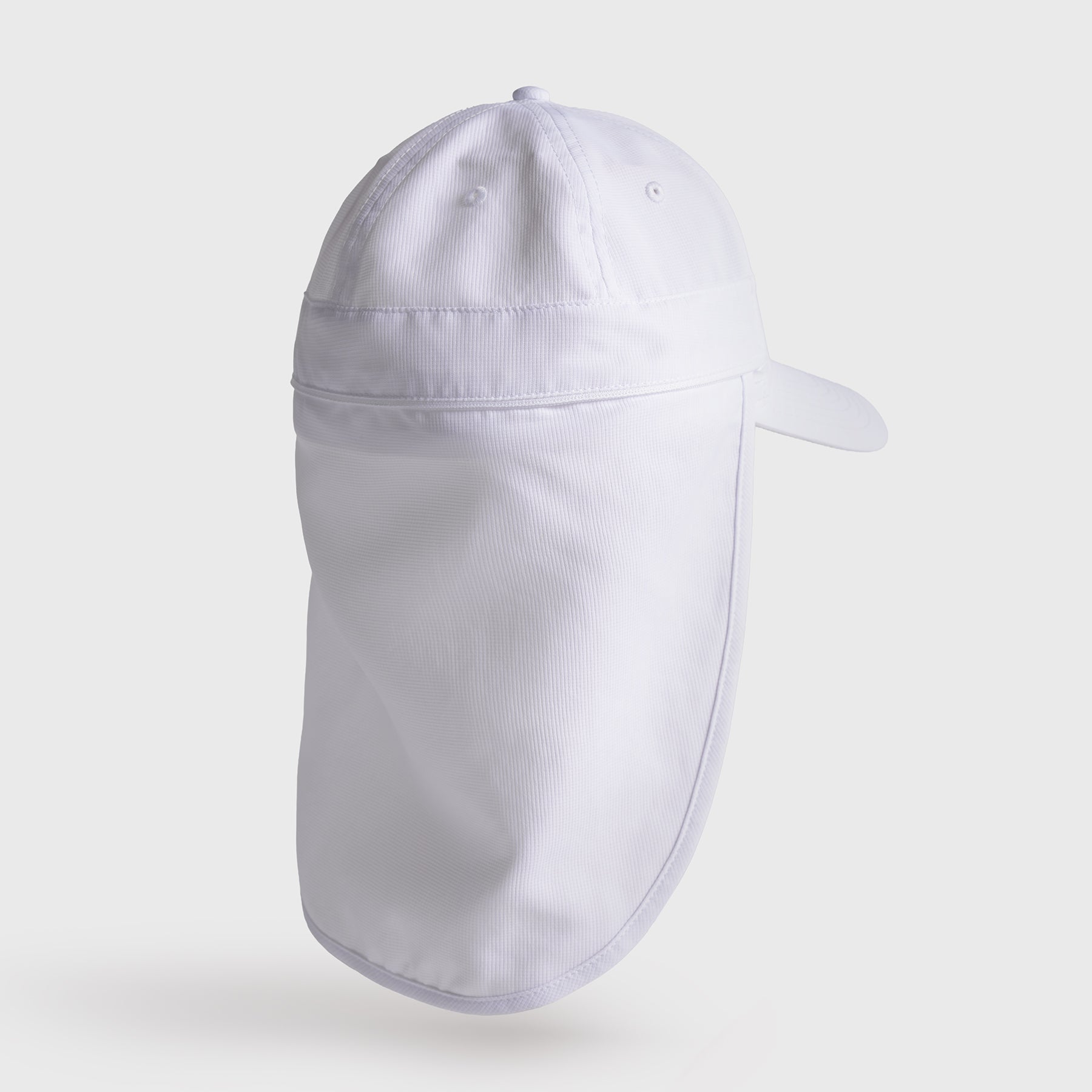 Product image of a white and black JOOLA Two-in-One Sun Cap, showing the extended neck cover on the back of the hat.