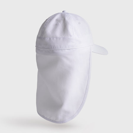 Product image of a white and black JOOLA Two-in-One Sun Cap, showing the extended neck cover on the back of the hat.
