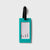Turquoise JOOLA luggage tag with a white label on a light gray background