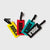 Four colorful JOOLA luggage tags on a light gray background