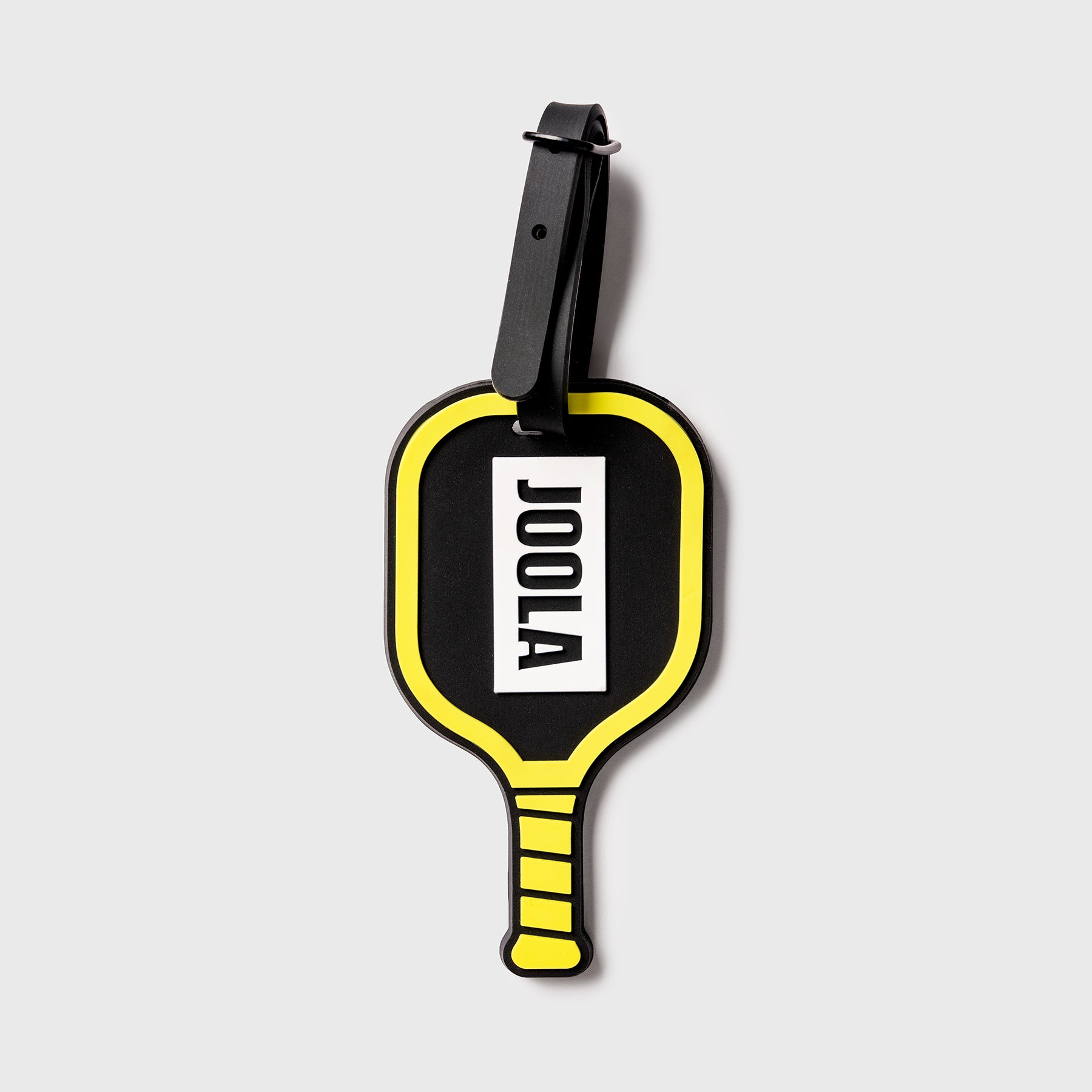 Yellow and black JOOLA Paddle shapped luggage tage.
