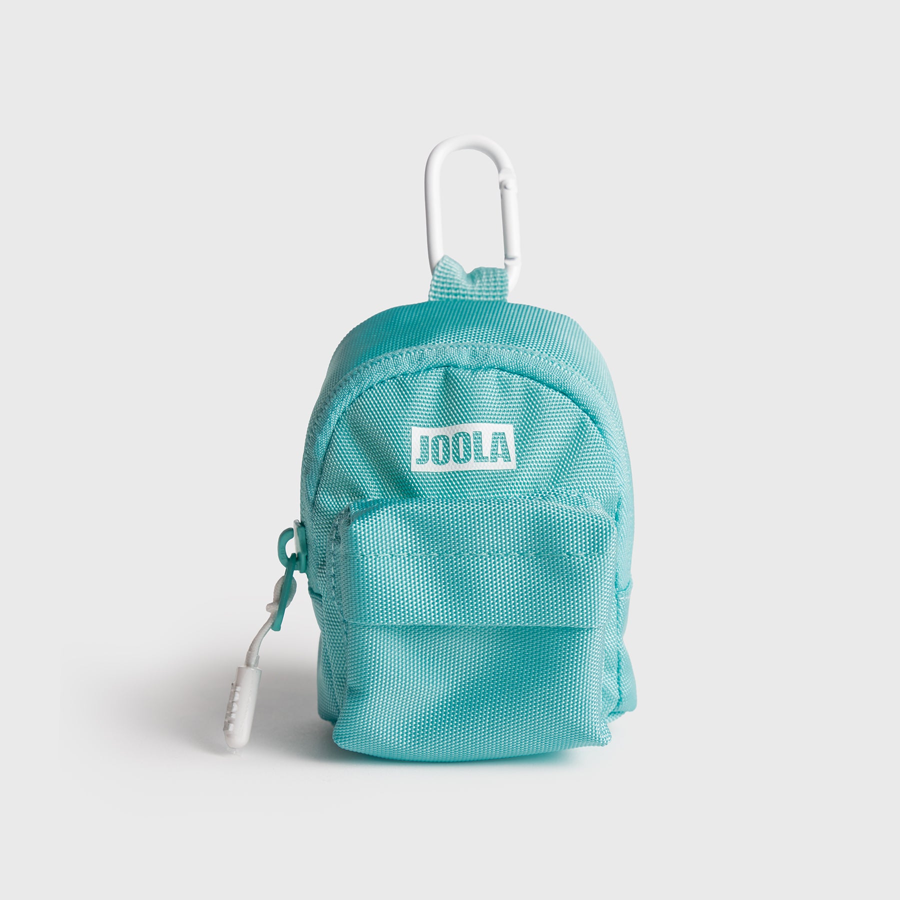 Turquoise JOOLA Micro bag with carabiner on a light gray background.