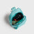 Turquoise JOOLA Micro bag, open with keys inside, with carabiner on a light gray background.