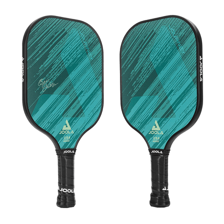 White Background Image: Front (Left) and Back (Right) sides of the JOOLA Journey Green Pickleball Paddle. Design has ombre striped design with hues of green, features the JOOLA Trinity logo and Ben Johns signature #Green