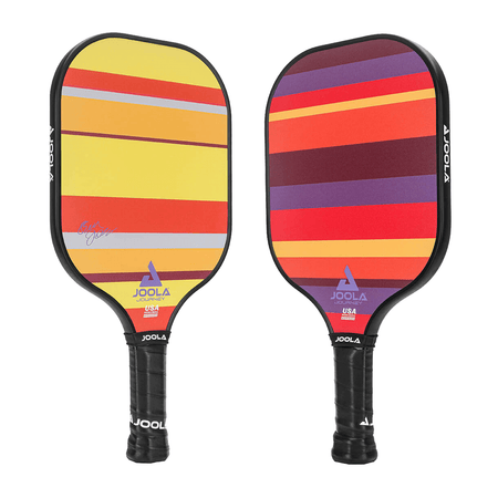 White Background Image: JOOLA Journey Santa Fe Pickleball Paddle (Left) Front side of paddle with stripes of multiple shades of orange and yellow and a purple Ben Johns signature (Right) Back of the paddle with stripes of variation shades of purple and orange #Sante Fe