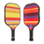 White Background Image: JOOLA Journey Santa Fe Pickleball Paddle (Left) Front side of paddle with stripes of multiple shades of orange and yellow and a purple Ben Johns signature (Right) Back of the paddle with stripes of variation shades of purple and orange #Sante Fe