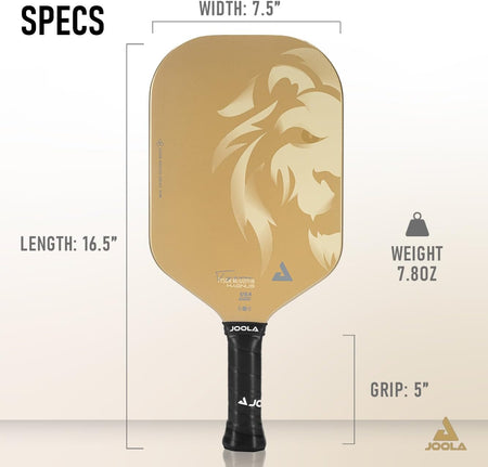 JOOLA Magnus Pickleball paddle with lion design and JOOLA branding, showing dimensions and weight.