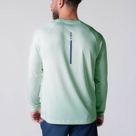 Image showing the JOOLA logo on the back of a Men's Court Long Sleeve Shirt, Hushed Mint.