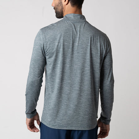 The back of a male model wearing a JOOLA Men's Quarter Zip Pullover, Charcoal Green Heather.