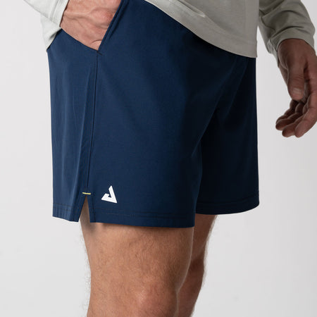 Close up image of the side of a pair of JOOLA Men's Woven Shorts, navy.