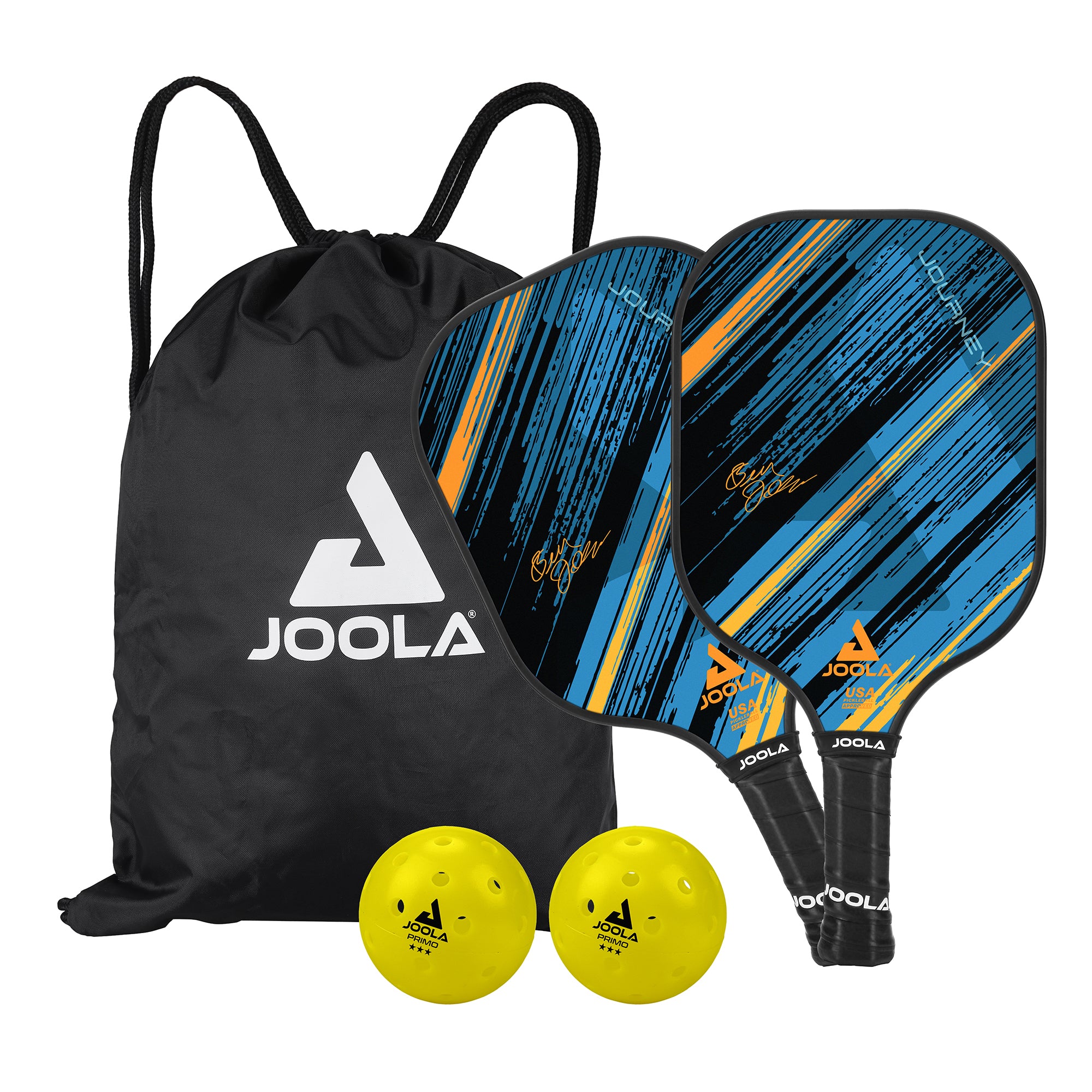 White background, product image of the JOOLA Meridian Pickleball Set, two paddles, two balls and a carrying bag.