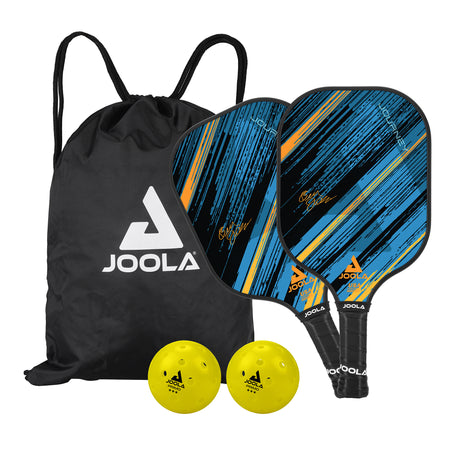 White background, product image of the JOOLA Meridian Pickleball Set, two paddles, two balls and a carrying bag.