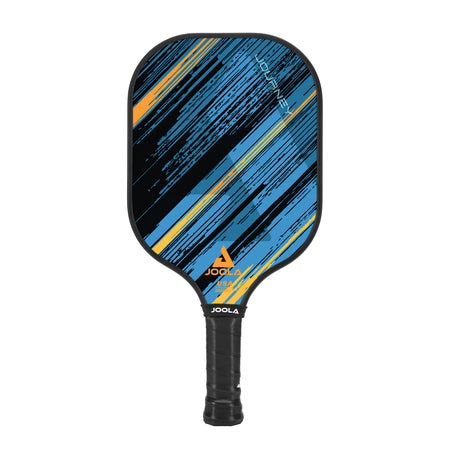 White background, product image of a JOOLA Meridian Pickleball paddle, colorful blue and orange paddle face with a black handle.