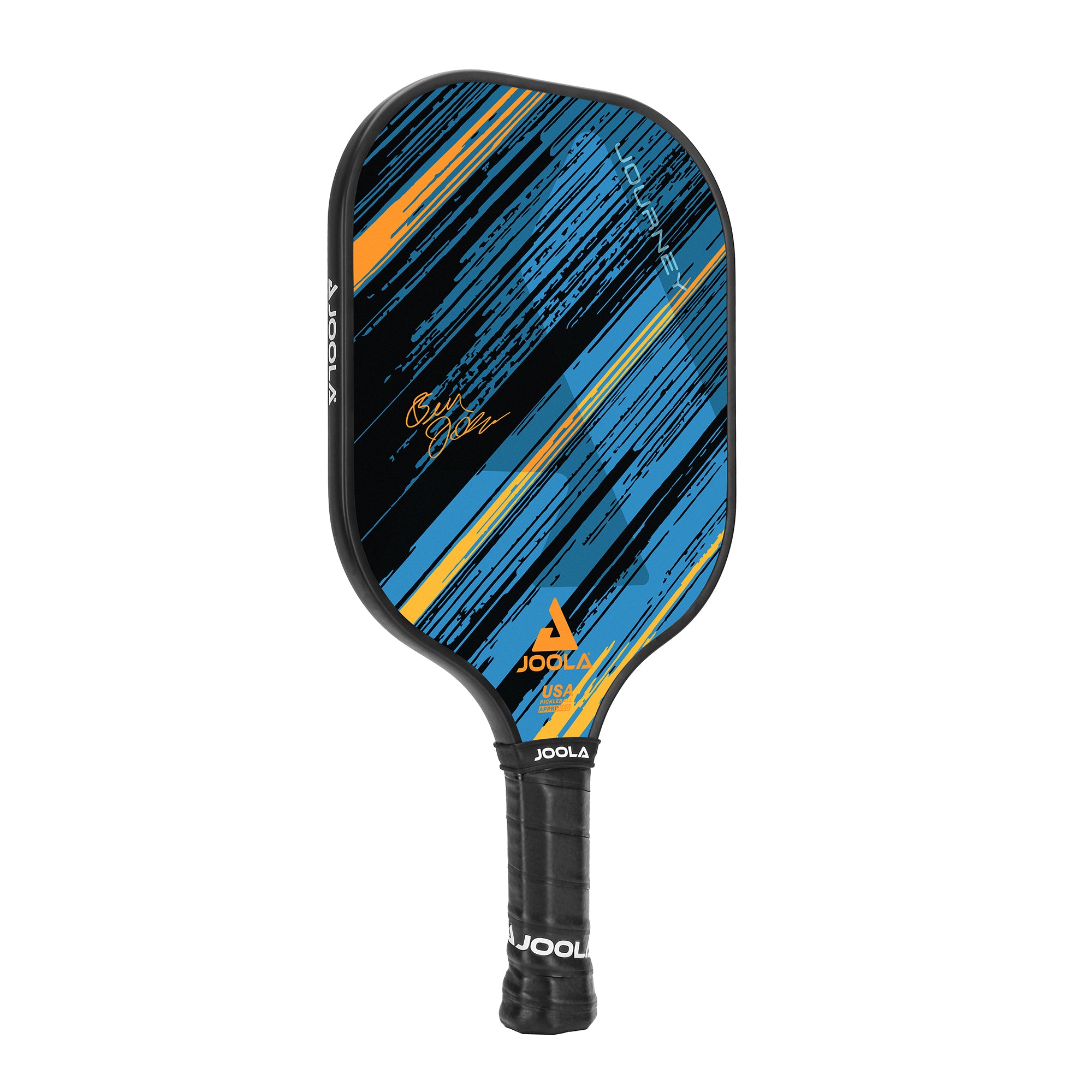 White background, product image of a JOOLA Meridian Pickleball paddle, colorful blue and orange paddle face with a black handle.