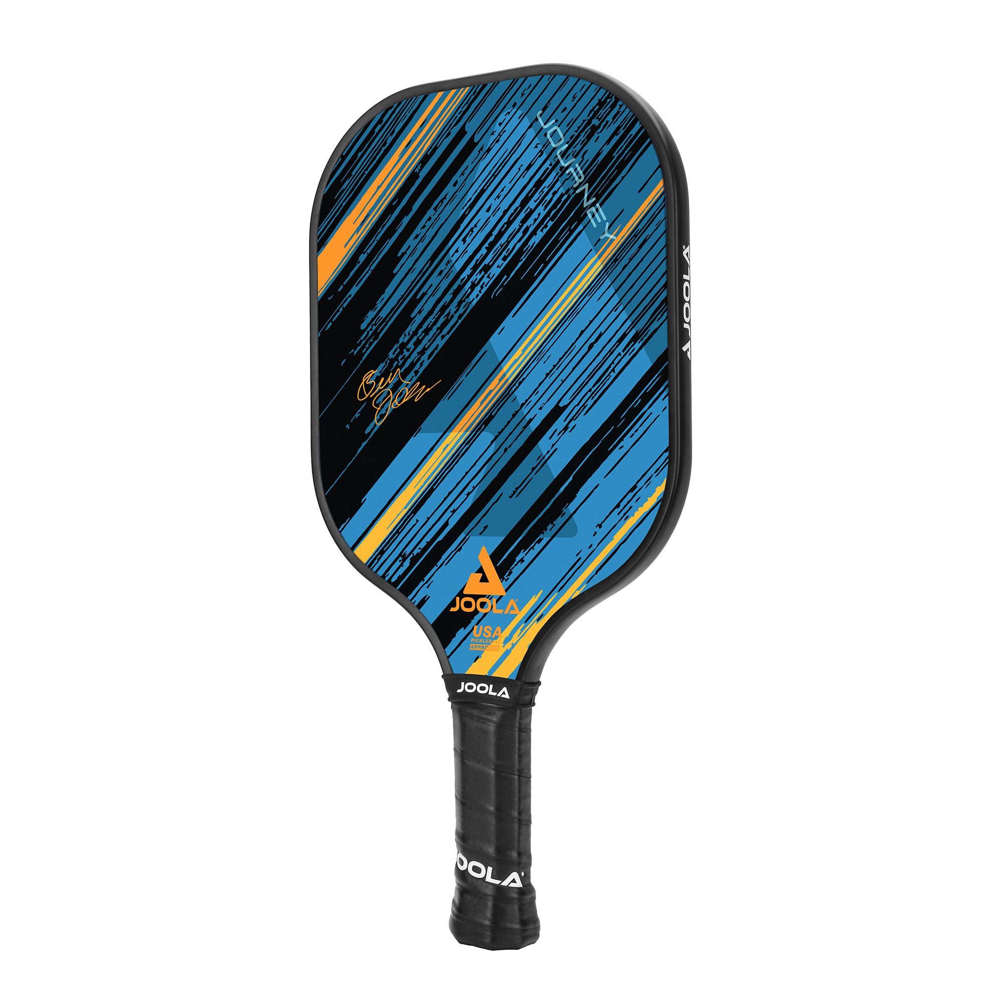 White background, product image of a JOOLA Meridian Pickleball paddle, colorful blue and orange paddle face with a black handle.