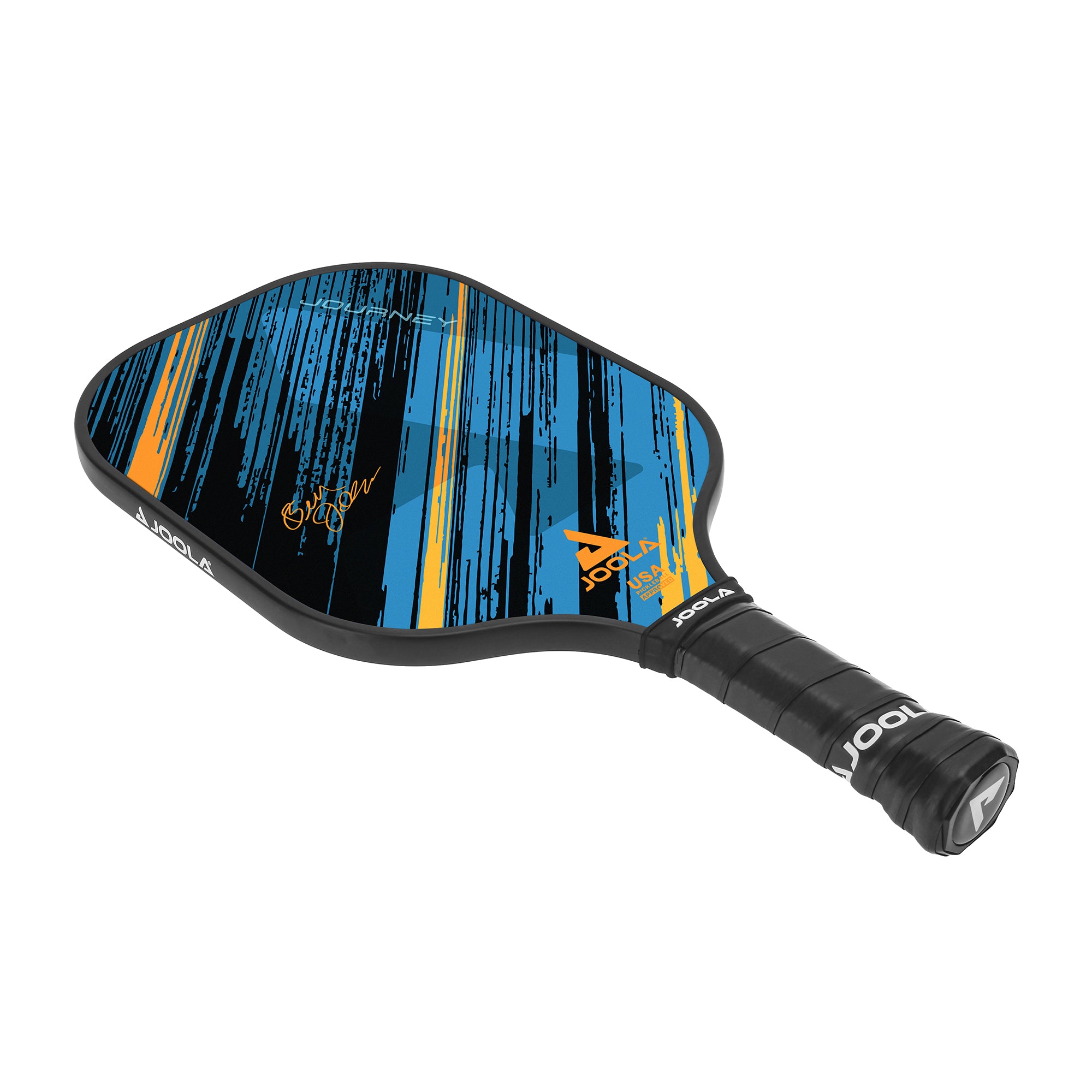 White background, product image of a JOOLA Meridian Pickleball paddle, colorful blue and orange paddle face with a black handle.