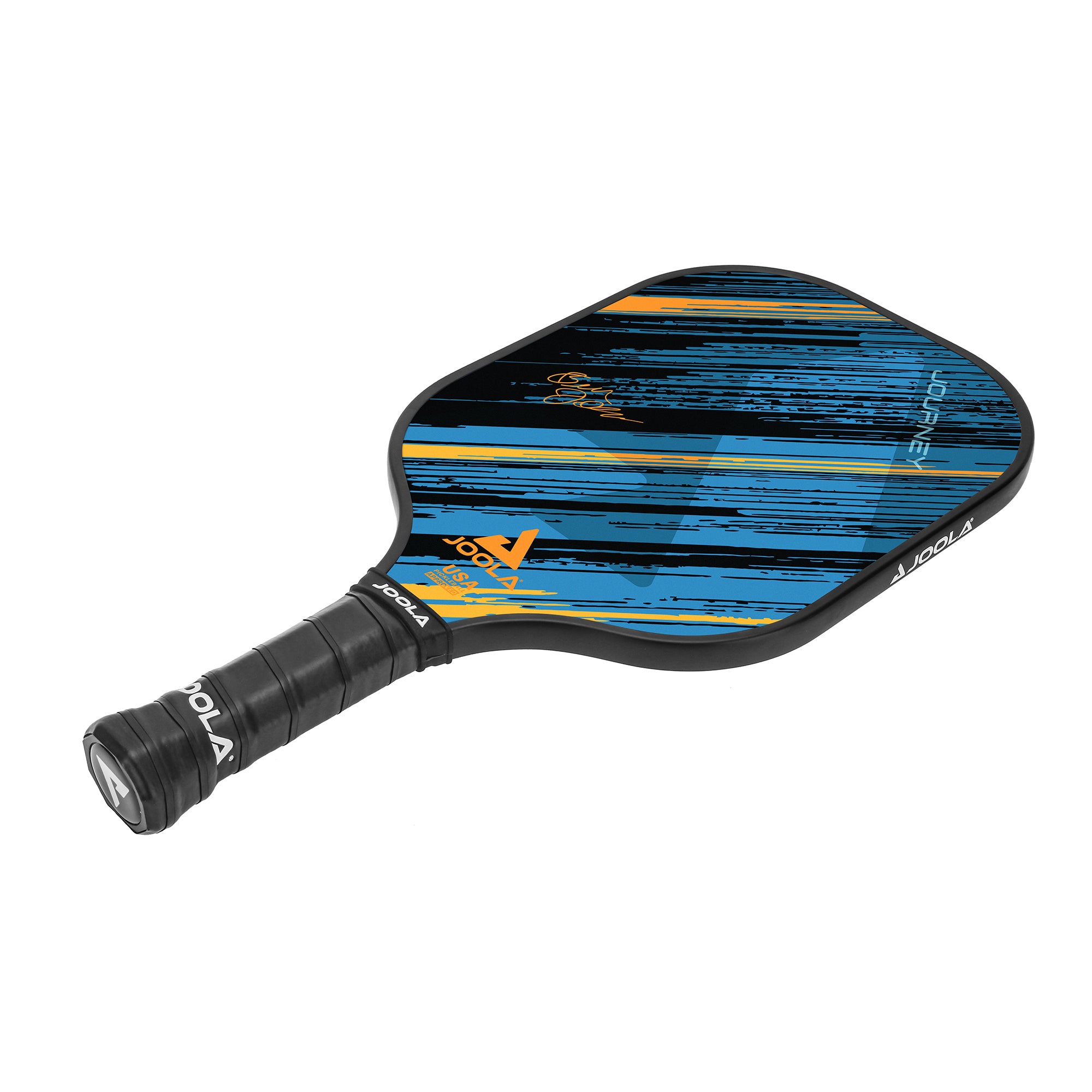 White background, product image of a JOOLA Meridian Pickleball paddle, colorful blue and orange paddle face with a black handle.